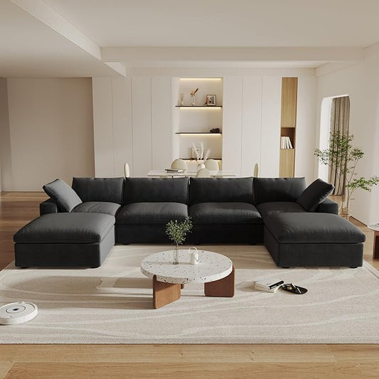 Cloud Couch Modular Sectional Sofa with 2 Storage Ottomans,160.6" U Shaped Couch,6 Seater Minimalist Wide Deep Seat Convertible Couches, Covers Washable&Replaceable,Black