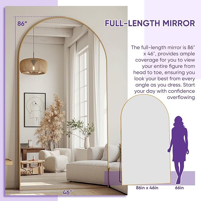 Full Length Mirror, 86"x46" Arched Floor Mirror Freestanding, Floor Standing Full Body Mirror with Stand for Bedroom, Hanging Mounted for Living Room Cloakroom, Gold