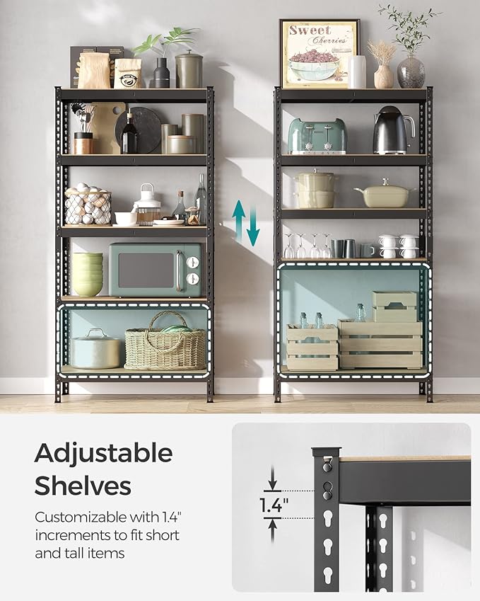 SONGMICS 5-Tier Storage Shelves, Load 2310 lb, Garage Storage, Boltless Assembly, Adjustable Shelving Unit, 17.7 x 35.4 x 70.9 Inches, for Study Shed Basement, Black and Natural Beige UGLR450B01