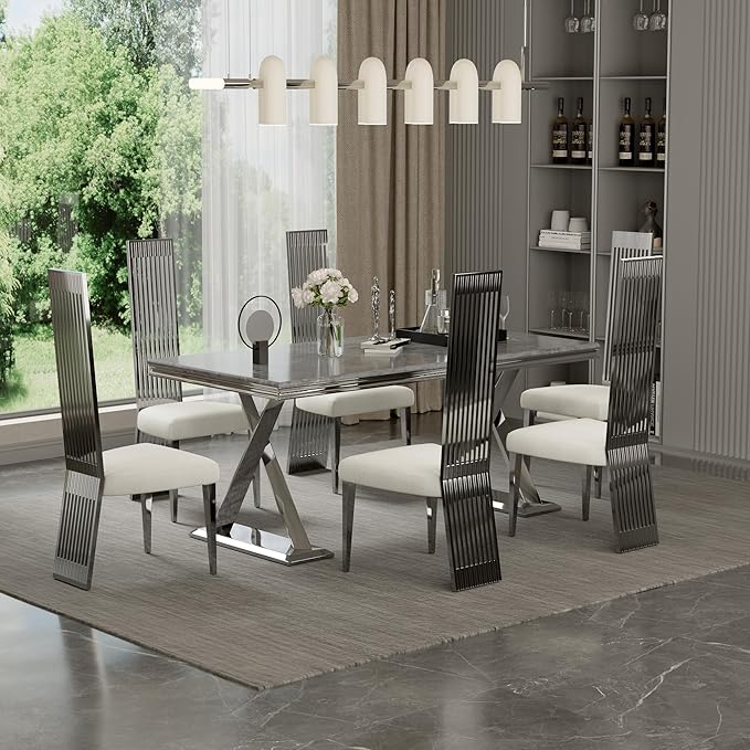 Luxury Dining Chair Set of 8, Polished Silver High Back Kitchen Chairs, Modern Simple Dining Chairs with Upholstered Padded Seat and Sturdy Metal Mirrored Legs for Dining Room,Kitchen