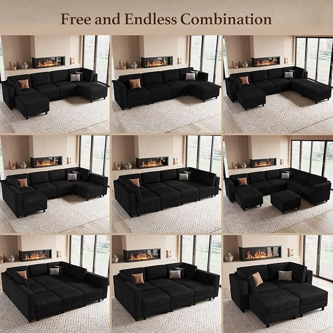 114.2" U Shaped Sectional Sofa,6 Seat Corduroy Couch,Comfy Modular Sectional Sofa with Storage Movable Ottoman Chaise,Upholstered Sectional Couches for Living Room,Black