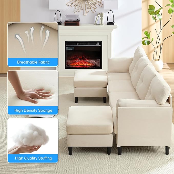 PUREMIND Sectional Home Sofa Living Room, Modern U-Shaped Sofa Couches with Double Chaise, Upholstered 4 Seater Sofa for Living Room, Apartment, Beige