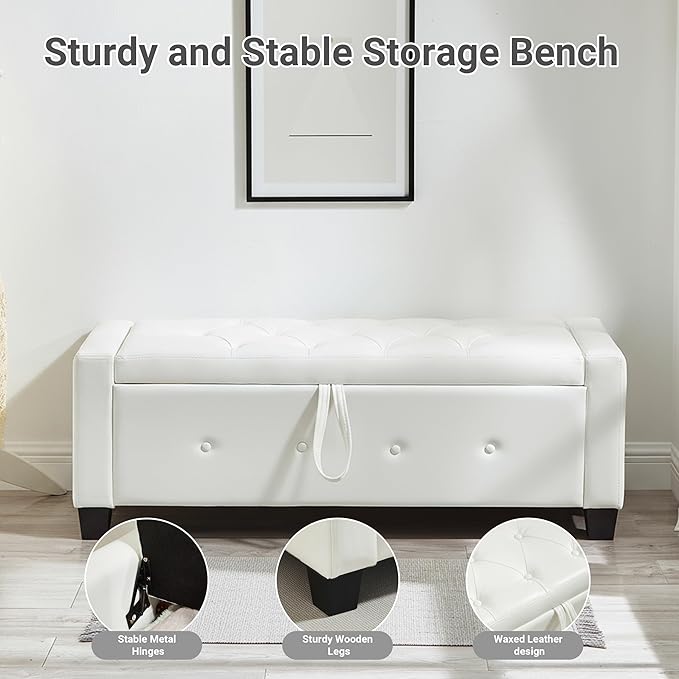 48" Faux Leather Ottoman with Storage, Tufted Storage Ottoman Bench with Safety Hinge, Rectangular Extra Long Bench for Bedroom, Living Room, Entryway and Window, White