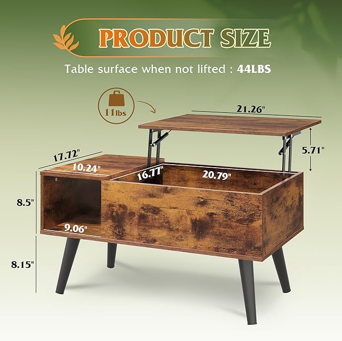 WLIVE Coffee Table for Living Room, Small Coffee Table with Storage, Lift Top Modern Wooden Dining Center Table with Storage Shelf & Hidden Compartment, 31.5" Rustic Brown