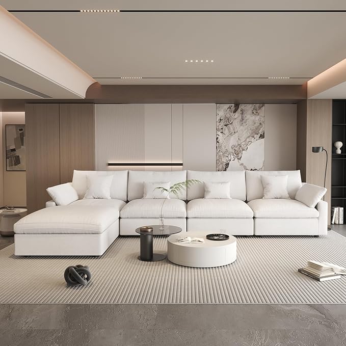 156" Cloud Couch Modular Sectional Sofa with Ottoman,L Shaped Down Couch, Down Filled Convertible Sofa,Cover Washable and Replaceable Couches for Living Room,White