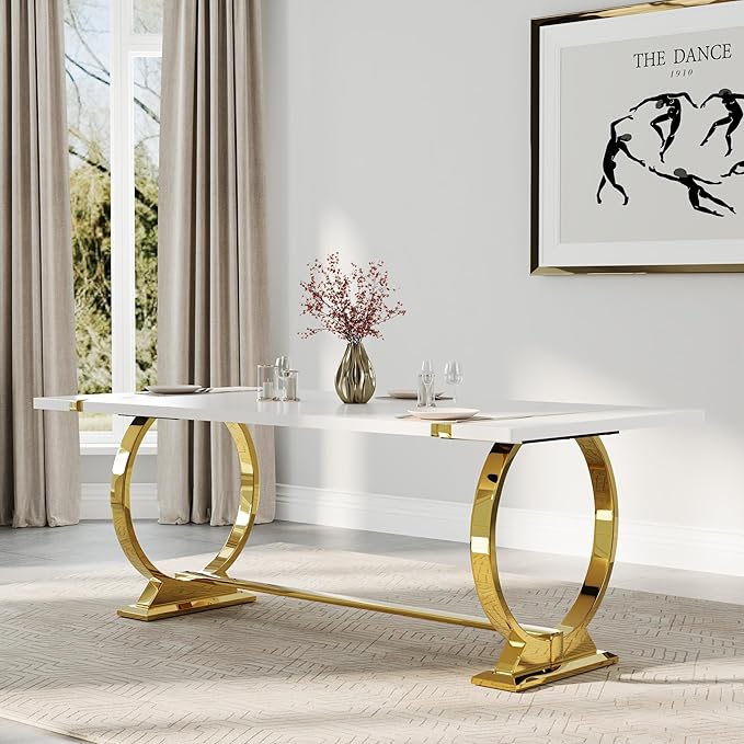 ACEDÉCOR 80in White and Gold Dining Table for 6-8, Modern Luxury Kitchen Room Table with Rectangular Lacquer Top and Gold Stainless Steel Circle Base
