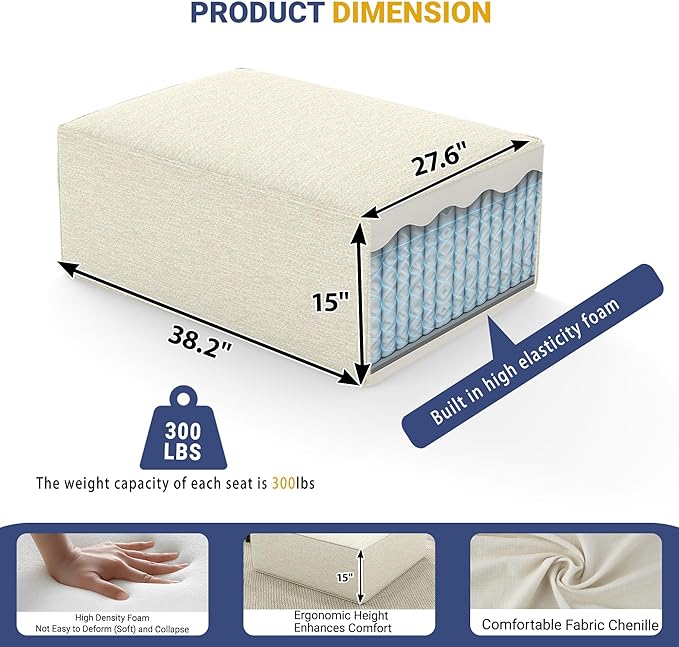 38“ Modular Sectional Sofa Convertible Cube Compressed Couch Seat Set, Combine L-Shaped U-Shaped, Free Assembly, Space-Saving for Living Room, Thick Foam Fabric Chenille Beige White (Only Ottoman)