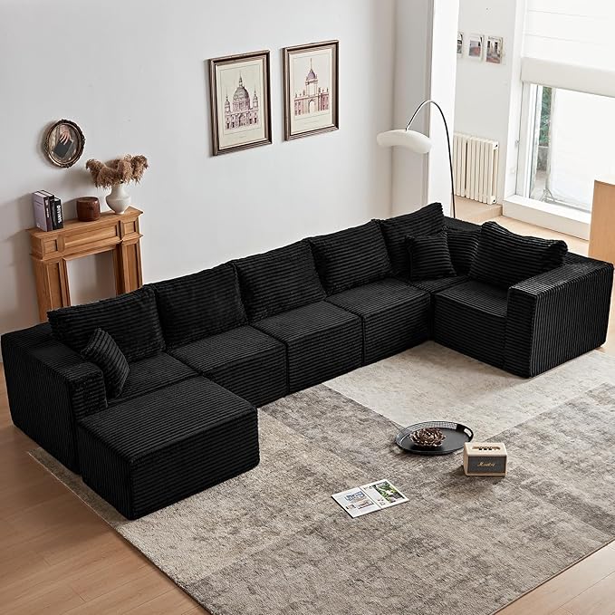 156" U Shaped Cloud Couch Sectional Couch with Deep Seat, 7 Seater Corduroy Modular Couches, Boneless Sofa with Removable Ottoman, Sectional Couches for Living Room, No Assembly Required, Black