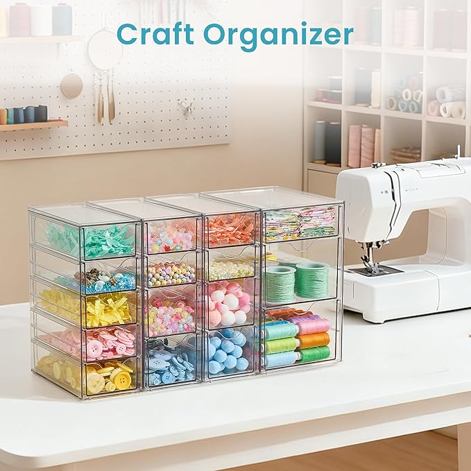 Vtopmart 4 Set Clear Desk Organizer, Pen Organizer with 16 Drawers, Acrylic Desktop Organization and Storage for Office Supplies, Pen, Makeup, Art Craft, Jewelry