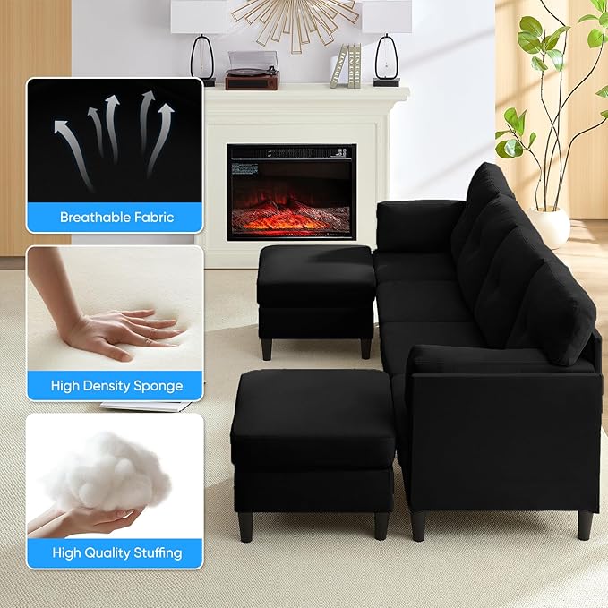 PUREMIND Sectional Couches for Living Room, Modern Snow Velvet U-Shaped Sofa Couch with Double Chaise, Upholstered 4 Seater Home Sofa for Living Room, Apartment, Office, Black