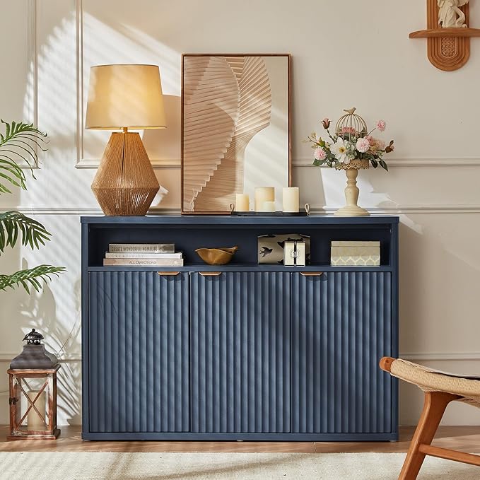 LEYAOYAO Fluted Buffet Cabinet with Storage, 45" Wide Wood Sideboard Credenza with 3 Doors & Open Storage Shelf, Modern Kitchen Console Accent Cabinets, Coffee Bar Table for Dining Room, Dark Blue