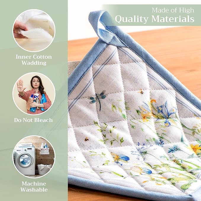 Maison d' Hermine Pot Holders 100% Cotton Heat Resistant Potholders 8" x 8" Hot Pads with Loop BBQ, Cooking, Baking, Grilling, Kitchen, Handling Hot Pans Spring/Summer (Pack of 1, Fleurs De Mai)