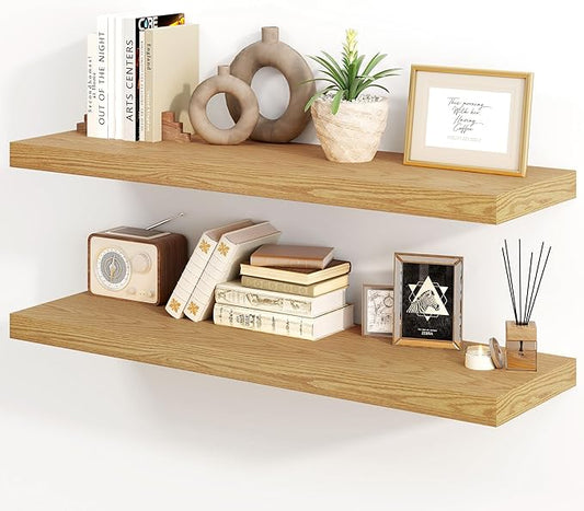 30 Inch Floating Shelves, Rustic Floating Wall Shelves 8 Inch Deep, 30 x 8 Floating Shelves for Home Decor, Deep Display & Storage Shelves for Kitchen, Bathroom, Living Room, Oak Color, Set of 2