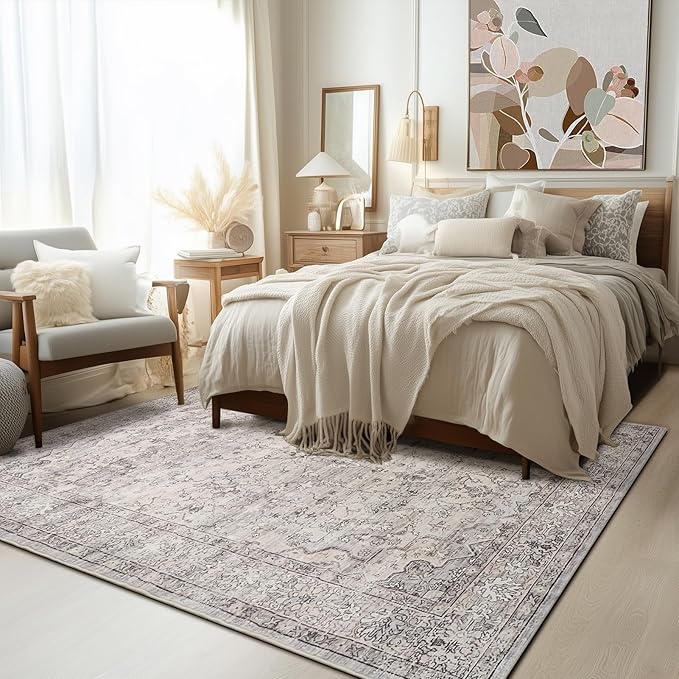 5x7 Area Rugs for Living Room Washable Soft Faux Fur Low Pile Vintage Floral Boho Modern Carpet Rug Non Slip Sound Absorbing Rugs for Bedroom Office Patio Dining Room Kids Room,Natural Grey