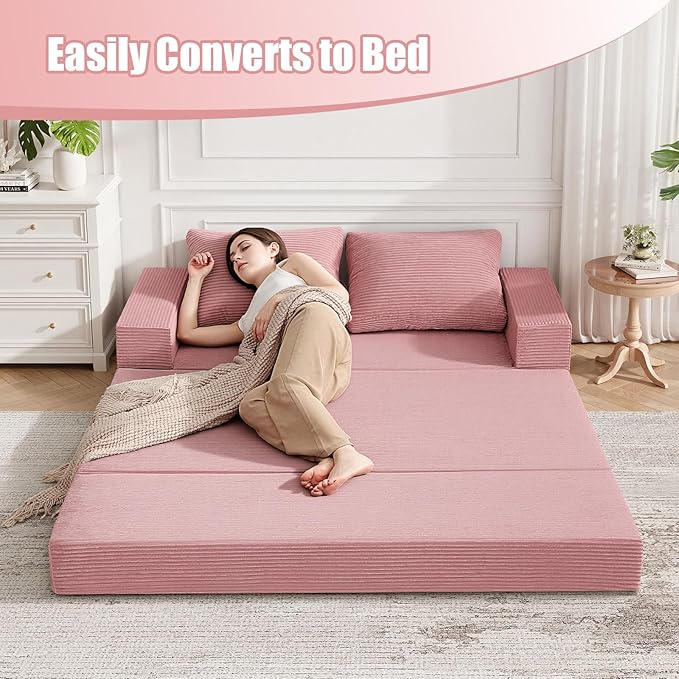 COMAX Convertible Sofa Bed Queen, Corduroy Folding Floor Couch Pull Out Couch Bed Futon Sleeper with Pillows, Fold Out Boneless Sofa Comfy Lounge Mattress Loveseat for Living Room Bedroom, Pink