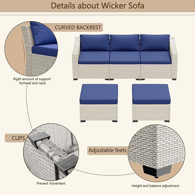 LHBcraft Patio Conversation Set Rattan Outdoor Sectional Furniture Sofa Set Wicker Couch with Coffee Table and Cushions for Poolside, Backyard (White-Blue, 5-PCS)