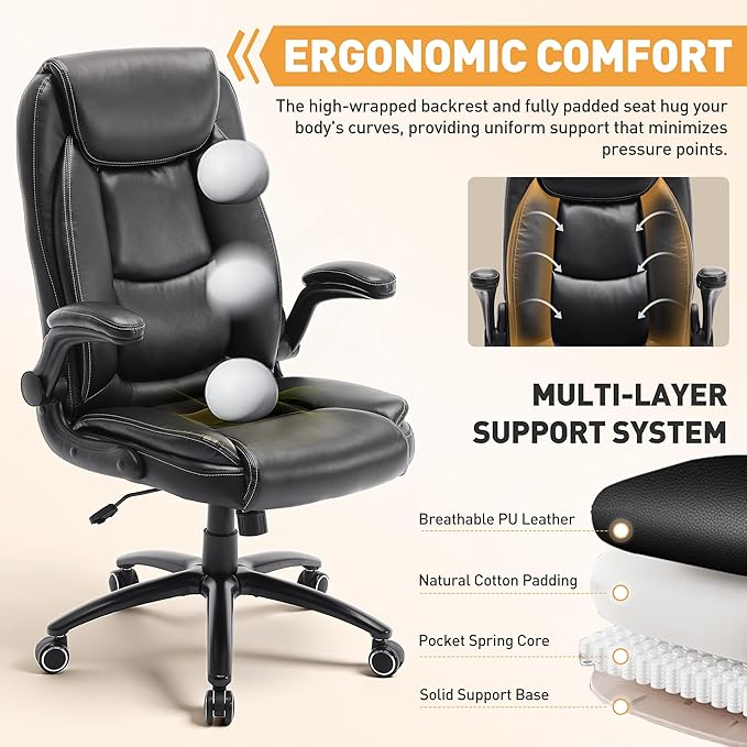 Ergonomic PU Leather Office Chair with Flip-Up Armrests, Reclining Backrest, Adjustable Height & Tilt Tension, Thick Padded Seat, Breathable Leather, 300LBS Capacity Executive Desk Chair,Black
