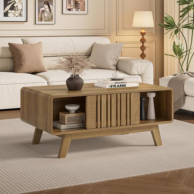 ONBRILL Coffee Table, Mid Century Modern Table with Storage Compartment, Fluted Table with Sliding Cabinet Door, Farmhouse Wood Coffee Table for Living Room (Natural)