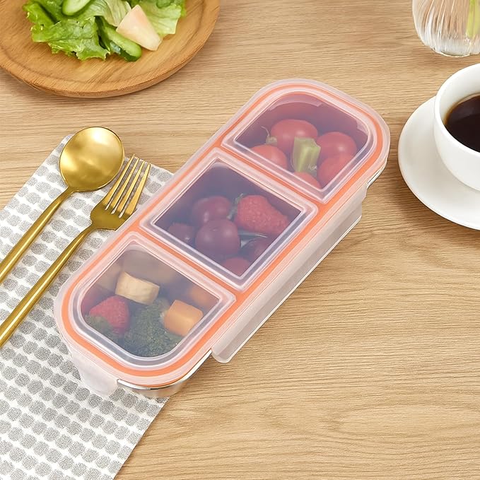 3 Pack Stainless Steel Snack Containers with Lids, 3 Compartment Food Storage Containers, Stackable Metal Divided Snack Box for Salads Picnic, Reusable Bento Lunch Box for Home Work Travel