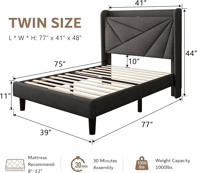 iPormis Twin Size Bed Frame with Charging Station, Linen Platform Bed Frame with Wingback Upholstered Headboard, Solid Wood Slats Support, No Box Spring Needed, Easy Assembly, Dark Grey