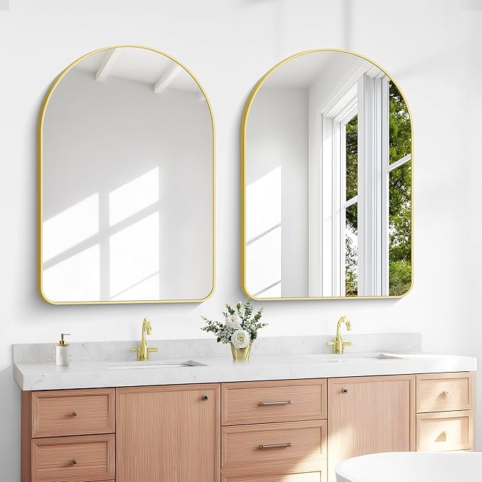 Arched Bathroom Mirror, 26"x38" Gold Arched Mirror for Bathroom, Wall Mounted Mirror, Vanity Wall Mirror Metal Frame for Bedroom, Entryway, Living Room, Hanging or Leaning Against Wall