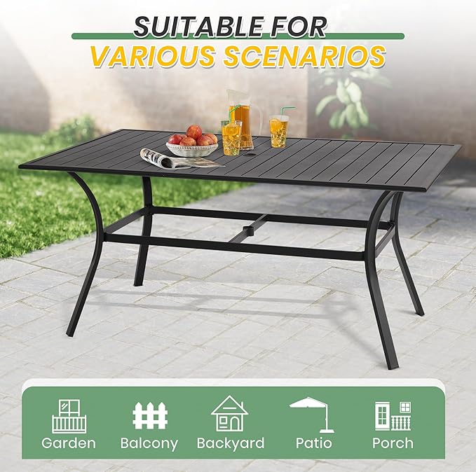 LVUYOYO Outdoor Patio Dining Table, Metal Rectangular Table with Umbrella Hole, All-Weather Furniture for Backyard, Garden,Balcony,Porch (Black)
