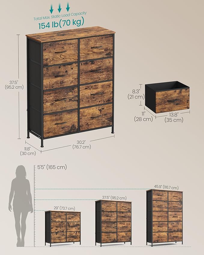 SONGMICS Dresser for Bedroom, Chest of Drawers, Steel, MDF, 8 Non-Woven Fabric Drawers, Storage Organizer Unit, Closet, Entryway, Rustic Brown and Ink Black ULGS124B02S