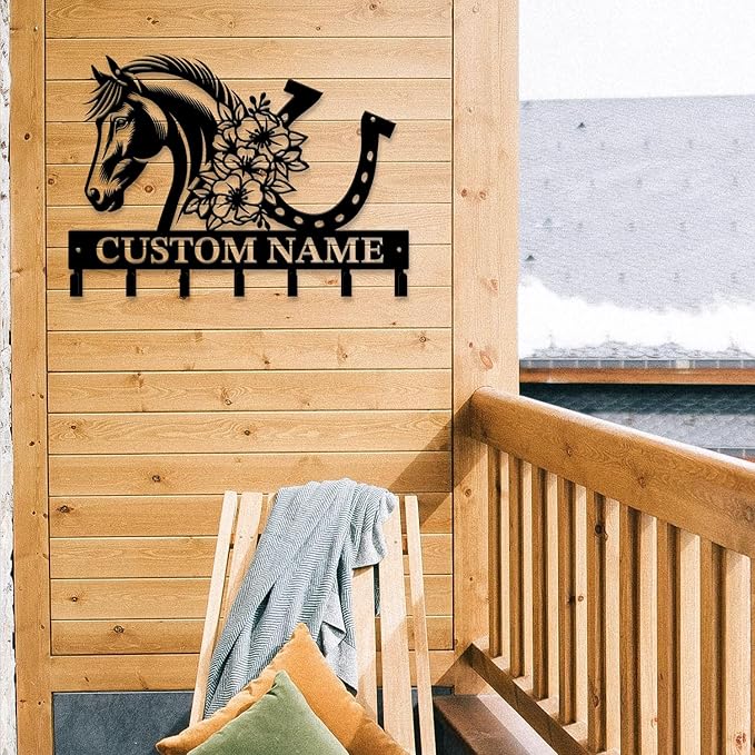 Personalized Custom Name Farm Horse Wall Key Hooks,Metal Horse Art Clothes Hooks,Metal Horse Wall Home Storage Decorative,For Front Door, Hallway, Kitchen, Bedroom,Keys,Hats (Style H)