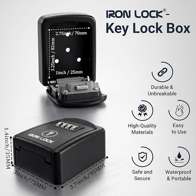 Iron Lock® Wall Mount Key Lock Box – Waterproof Heavy Duty Metal Lock Box for Keys with 4-Digit Combination & Resettable Code – Outdoor/Indoor Key Safe for Home, Office & Airbnb (Black, Small)