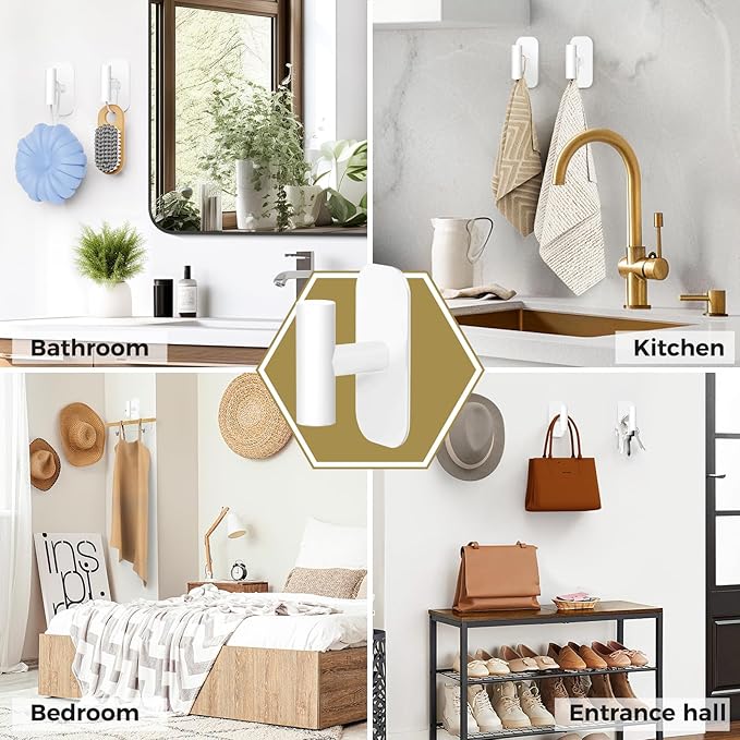 Adhesive Towel Hooks for Shower,Waterproof Heavy Duty Bathroom Hooks,Wall Mounted Sticky Hangers for Coats/Aprons/Robes,No Drilling(White,4 Pack)