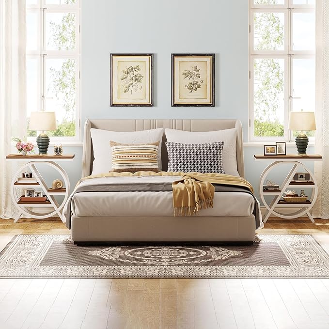 Tribesigns End Table Set of 2, 3-Tier Modern Narrow Side Table with Storage, Wood Sofa Side Table with Geometric Metal Frame, Nightstand and Bedside Table for Bedroom (Light Brown+White)