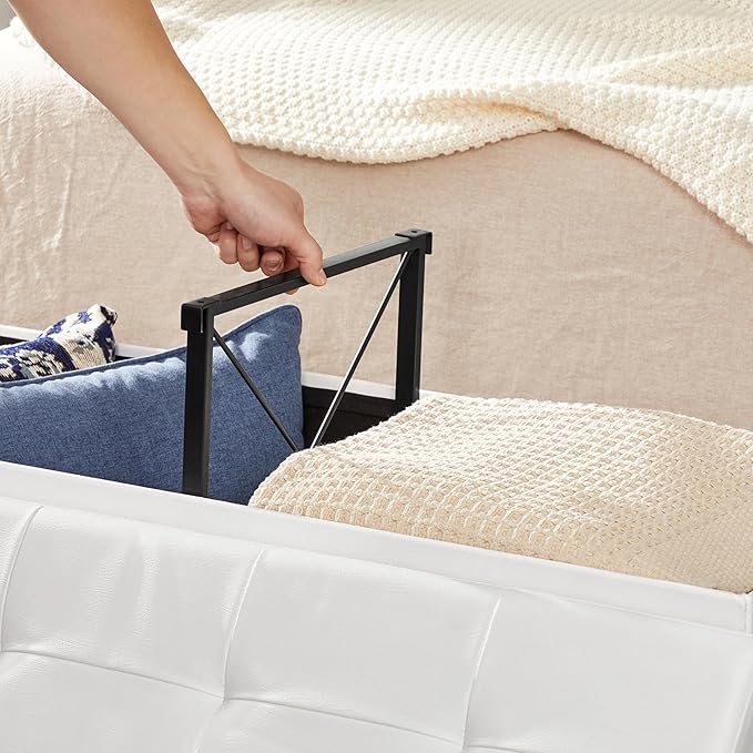 SONGMICS MAZIE Collection - 43 Inches Storage Ottoman Bench with Flipping Lid, Storage Chest with Iron Frame Support, Load 660 lb, for Living Room, Bedroom, Synthetic Leather, White ULSF75WT
