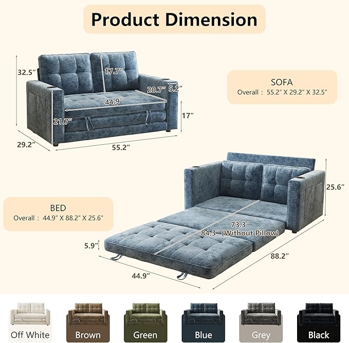 WorthFurni Convertible Sofa Bed,Sleeper Sofa, Floor Sofa Bed for Small Spaces Folding Couch Bed - Blue