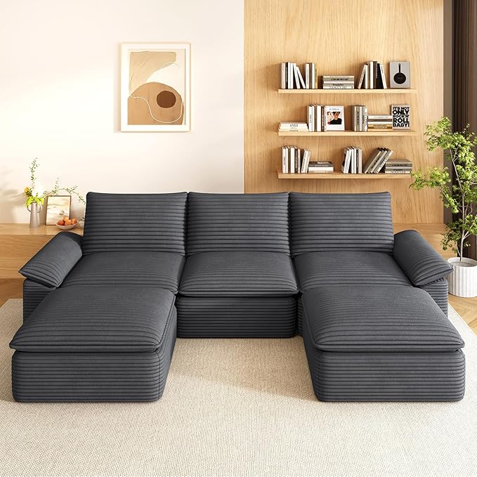 111" Cloud Sectional Couch with U-Shaped Chaise, Corduroy Sectional Sofa with Ottoman, Boneless Couch with Deep Seat in a Box for Living Room, No Assembly Required (Dark Grey)