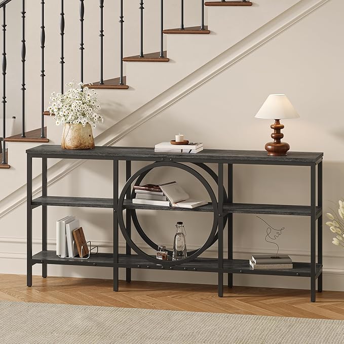 Long Console Table, 66.9 inch Wood Narrow Sofa Tables 3 Tier Couch Table Behind Sofa Industrial Grey Hallway Table Long Entryway Tables for Living Room, Foyer (Grey Oak+Black)