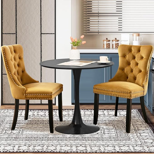 SoarFlash Kitchen Table and Chairs for 2, 31.5" Dining Table Set for 2 with Velvet Upholstered Chairs, 3 Piece Round Kitchen Table Set, Dining Room Table Set for Small Space, Apartment, Gold/Black