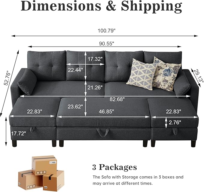 101" Convertible Sectional Sofa with Ottoman Coffee Table, Modern Linen Fabric U-Shaped Couch with Storage Pocket, 4 Seat Sofa Couches for Living Room, Apartment, Office, Darkgrey