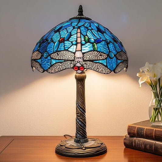 Tiffany-Style Table Lamp, 12" Blue Dragonfly Handmade Stained Glass Lamp Shade, Vintage Reading Light for Bedroom Living Room, LED Bulb Included