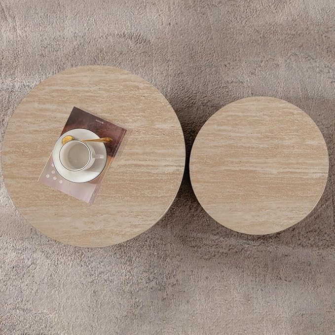 Round Nesting Coffee Table Set of 2 Travertine Round Drum Fluted Coffee Tables for Small Space Modern Stacking Nesting Tables Minimalist Circle Center Table 2 Piece for Living Room (Travertine)