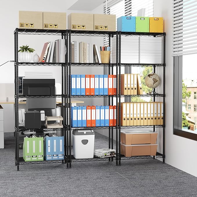 5 Tier Adjustable Storage Shelves Heavy Duty Metal Utility Shelf 750LBS Capacity Wire Shelving Unit Organizer Rack for Home Kitchen Office Bathroom Pantry Room 12" D x 22" W x 59" H Black