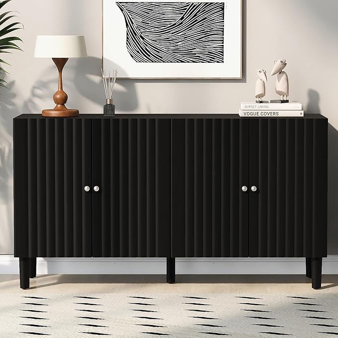 Modern Elegant Sideboard with 4 Wavy Pattern Doors and Cylindrical Legs, 58'' Storage Cabinets with Adjustable Shelves, Accent Entryway Cabinet for Living Room Hallway Kitchen (Black-4UV)