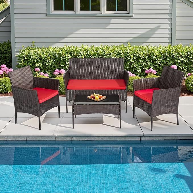 FDW Patio Furniture Set PE Rattan Patio Set Wicker Outdoor Furniture Bistro Set for Outdoor Indoor Use with Loveseats Coffee Table, Red Cushions, 4 Pieces