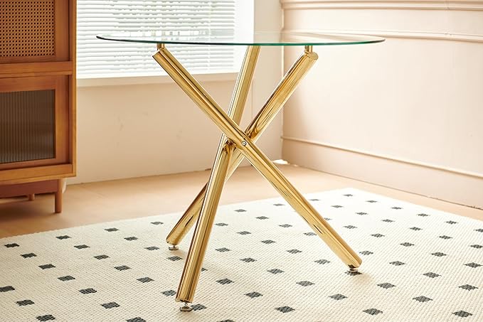 36" Round Dining Table for 4, Modern Clear Glass Kitchen Table for 4 with Gold Cross Metal Legs, Contemporary Small Circle Dining Room Leisure Tables for Kitchen Apartment