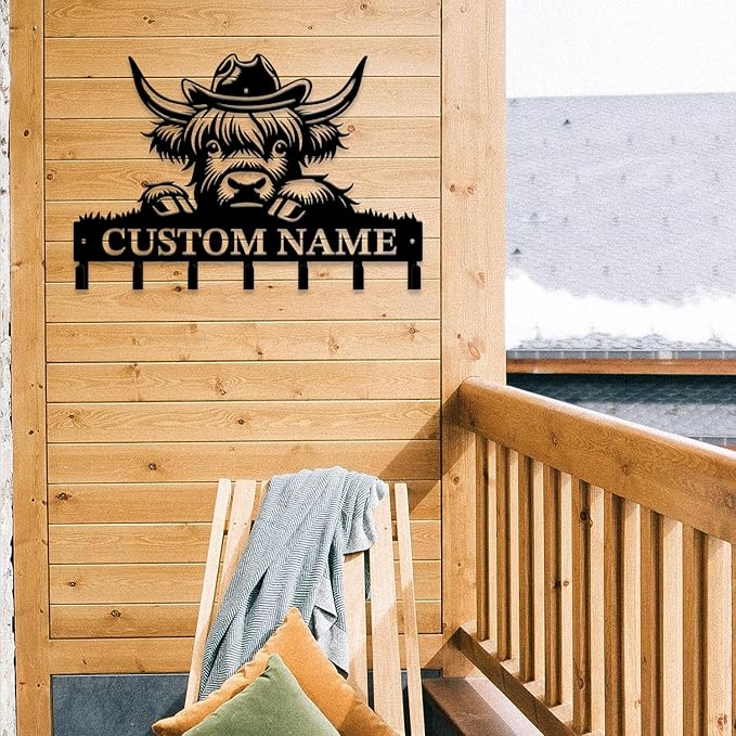 Personalized Highland Cow Metal Keys Hooks,Custom Name Metal Highland Cow Keys Hooks,Black Metal Highland Cow Wall Home Storage Decorative Keys Hooks,Key Holder Hooks for Wall (Style G)