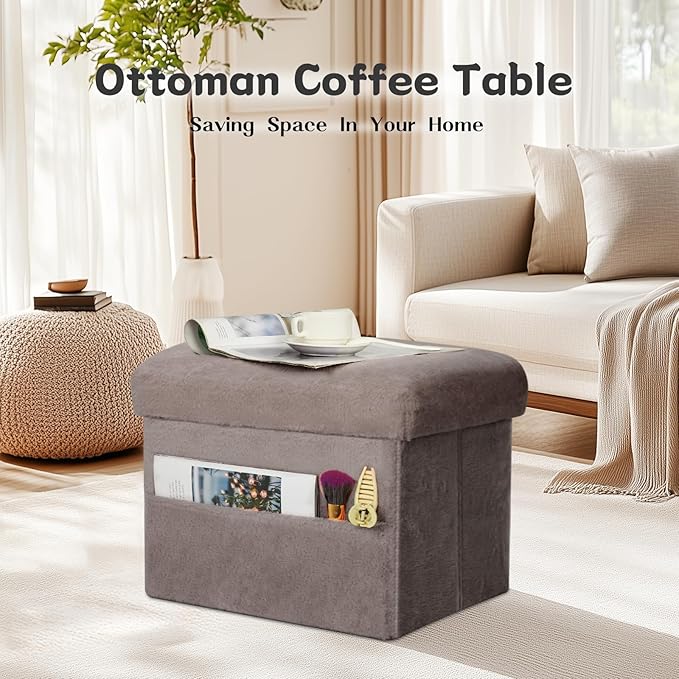 Ottoman with Storage, Folding Soft Fur Ottoman Foot Rest Stool with Thicker Furry Padded Seat. Small Storage Bench for Bedroom Living Room, Holds Up to 300 lbs, 17x13x13IN (Gray)