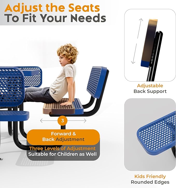 Metal Picnic Tables for Outdoors with Umbrella Hole - Coated Steel Heavy Duty Commercial Grade Furniture with Adjustable Seats (Blue, 46 in, Square with Back, Expanded Steel)