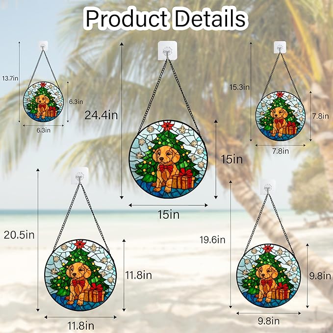 Stained Glass Window Hanging Green Christmas Tree Snowflake Dog 7.8" - Suncatcher Door Garden Sun Catcher Xmas Holiday Decor Birthday for Mom Men Woman Friend Nana