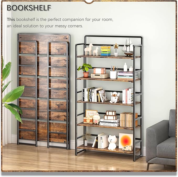 4NM No Assembly Extra Wide 5 Tiers Folding Bookshelf Storage Shelves Vintage Bookcase Standing Racks Study Organizer Home Office (Rustic Brown Black)
