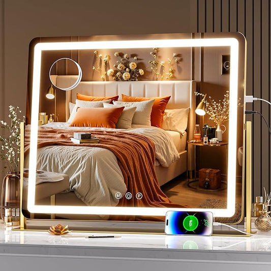 Hasipu Vanity Mirror with Lights, 25" x 21" LED Makeup Mirror, Light up Mirror with 10X Magnification and Phone Holder, USB Charging Port, Smart Touch 3 Colors Dimmable, 360° Rotation (Gold)