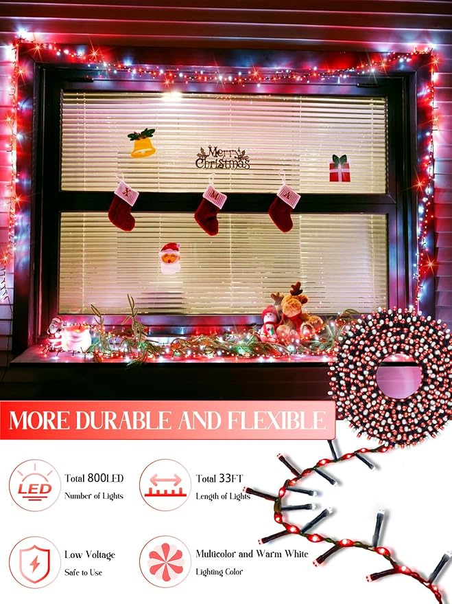 2025 New Christmas Cluster Lights 800 LED Flowing Twinkling, Firecracker Fairy Lights with 15 Modes & Timer, Waterproof Christmas String Light for Indoor Outdoor Xmas Tree Party Garden Red and White